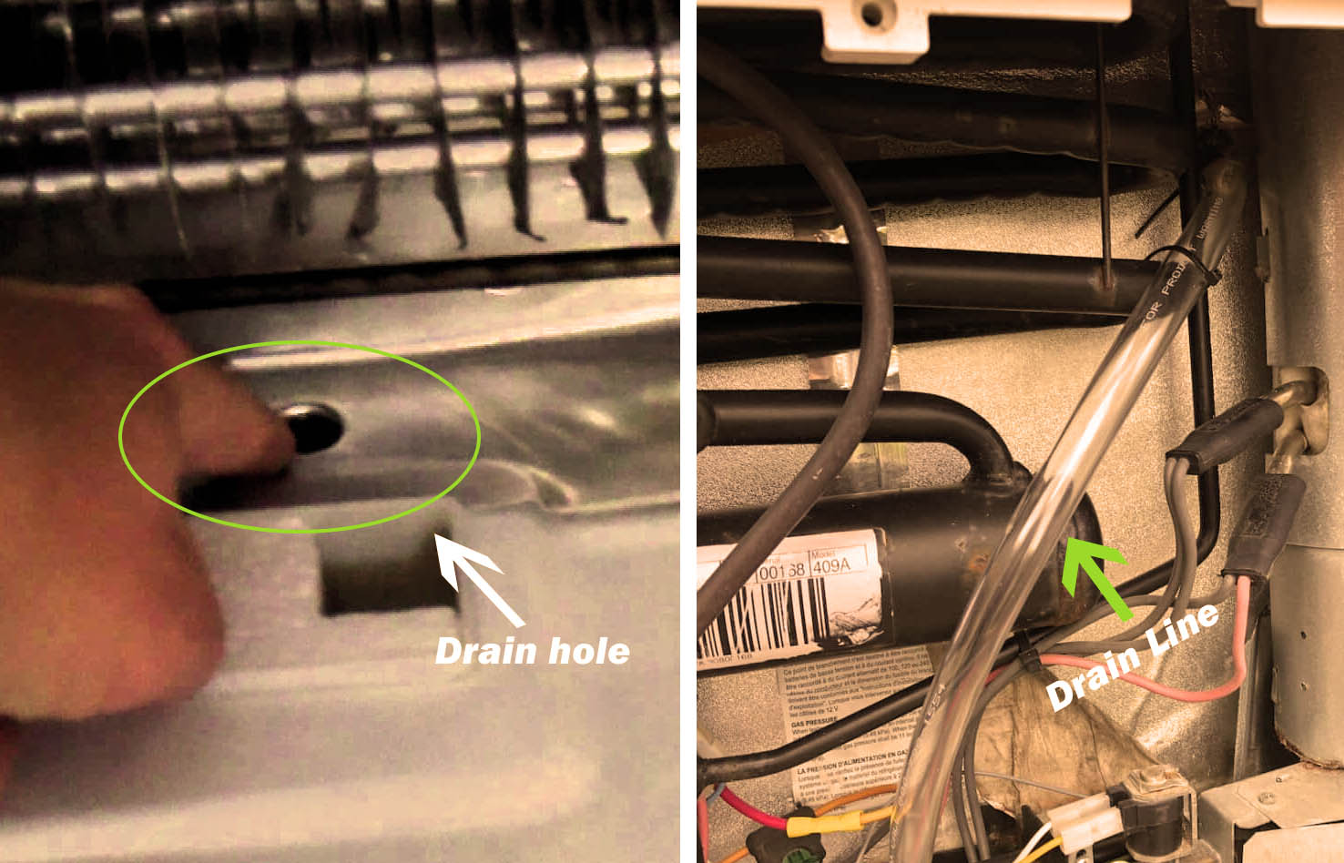 image of a drain hole and drain line in a fridge